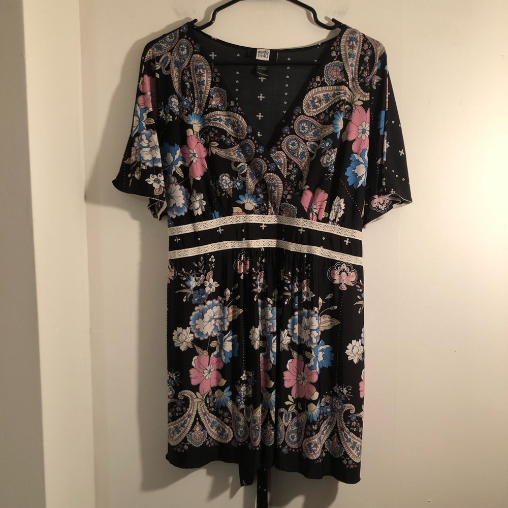 Studio 1940 Black Floral Paisley V-Neck Empire Mini Dress / Top Women’s 18/20 W